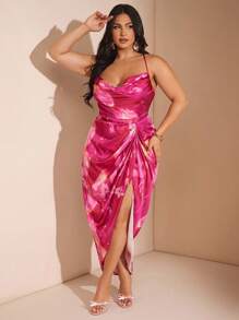SHEIN BAE Plus Size Fall Elegant Party Woman Green Floral Satin Print Swing Neck Spaghetti Strap Draped High Slit Midi Dress - Pink - View 6