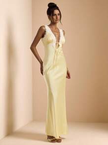 SHEIN BAE 纯黄色性感简约优雅深 V 领系带蕾丝拼接缎面仿丝女式长裙，适合情人节、派对、音乐节、伴娘、舞会、度假 - 黃色 - 查看 5