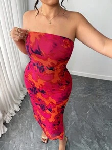 Elenzga Plus Size Women's Fully Allover Print Ruched Fitted Bodycon Dress - Purple - View 6