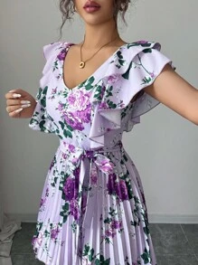 SHEIN Elenzya Ruffle Sleeve V-Neck Cinched Waist Pleated A-Line Floral Print Vacation Elegant Romantic Dress, Purple - Multicolor - View 4