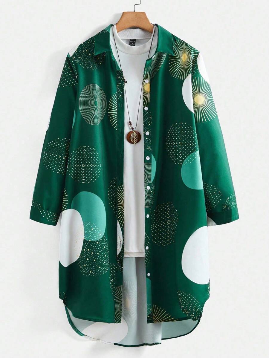 EMERY ROSE 女士休闲日常印花纽扣弧形下摆衬衫，随机花卉图案，春季休闲款 - 墨綠色 - 查看 1