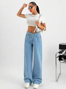 EURMUSE High Waist Asymmetric Belt Straight Jean Y2k - Medium Wash - View 5