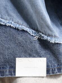 SUMWON Áo sơ mi denim Color Block cài nút cỡ lớn, chi tiết viền thô, lễ hội mùa hè, tay ngắn, phong cách đô thị, giản dị, rách rưới, bãi biển - Rửa trung bình - Xem 7