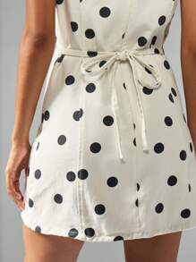 MISSGUIDED Sleeveless Polka Dot Denim Mini Dress With Tie Back Waist Detail Summer A-Line Casual Daytime Fashion Side Seam Pockets Retro Style - White - View 4