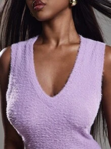 NYA SZN 无袖V领马海毛仿毛绒绒办公休闲日常弹力针织衫，适合音乐节、节日、嘉年华等场合。 - 粉色 - 查看 4