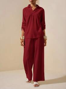 Zivah 2025新款夏季休闲优雅度假日常约会通勤工作服简约基础款翻领长袖落肩宽松衬衫+阔腿超长裤白色女两件套 - 紅色 - 查看 5