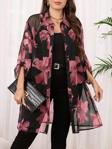 SHEIN Clasi 大码女式花卉印花荷叶边袖单排扣宽松长衬衫