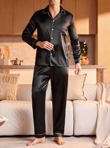 Manfinity Underwear&Sleepwear Basics Men's Lapel Collar Patchwork Pocket Contrast Piping Long Sleeve Shirt And Pants Pajama Set, Spring/Autumn, Fall Winter Clothes