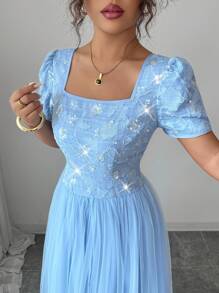 Elenzga Váy lưới thêu họa tiết cổ vuông thanh lịch cho nữ, mùa xuân/hè - Màu xanh lam - Xem 2