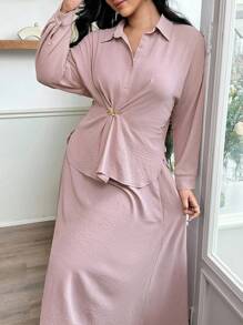 Modelyn Plus Size Women's Solid Color Drop Shoulder Long Sleeve Shirt And Midi Skirt Casual 2 Pieces Set,Fashionable Casual Elegant Women's Clothing, Autumn Women's Clothing, Women's Shirts, Preppy Dresses, Women's Strappy Shirt Dresses, Back To Work Back To School Women's Clothing, Dresses For Mom, Romantic Tops, Party Wear,Knitted Dress