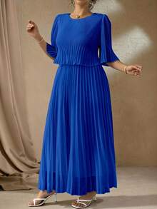 Elenzga Plus Size Solid Color Elegant Lady-Like Chiffon Pleated Dress, Spring/Summer Fall - Royal Blue - View 4