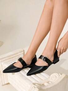 CUCCOO CHICEST Black Pointed Toe Rhinestone Buckle Elegant Commuting Versatile Women Flats - Black - View 5