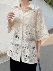 FRIFUL 女款寬鬆蕾絲上衣，鏤空蝙蝠袖，單排扣設計，夏季款 - 杏色 - 查看 12
