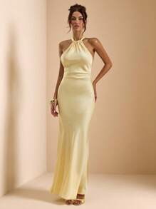 SHEIN BAE Solid Bright Yellow Satin Backless Halter Long Dress, Elegant Satin Dress, Bridesmaid Dress, Guest Dress For Wedding, Brunch Dress, Backless Dress, Spring/Summer - Yellow - View 4