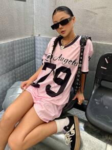 SHEIN Explorewe Streecool KIDS Frühling/Sommer rosa gestreiftes lässiges Mode bequemes süßes lebendiges College-Stil gestreiftes Nummer-Muster Farbblock T-Shirt Kleid, sportlich energiegeladenes Cheerleader Kleid - Pink - Übersicht 5