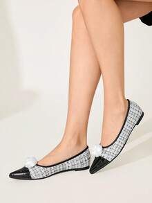 CUCCOO CHICEST Women's Flat Slip-On Shoes, Pointed Toe, Multi-Color Pearl Rose Flower Design, Elegant Outdoor Flats - Black and White - View 7