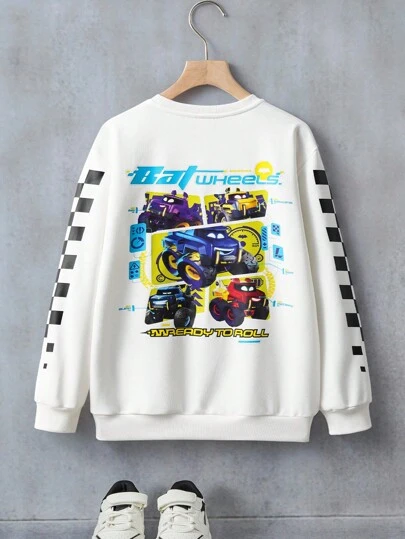 Batwheels X SHEIN 青少年男孩休闲街头风格卡通赛车与字母印花黑白棋盘格套头衫，春/秋