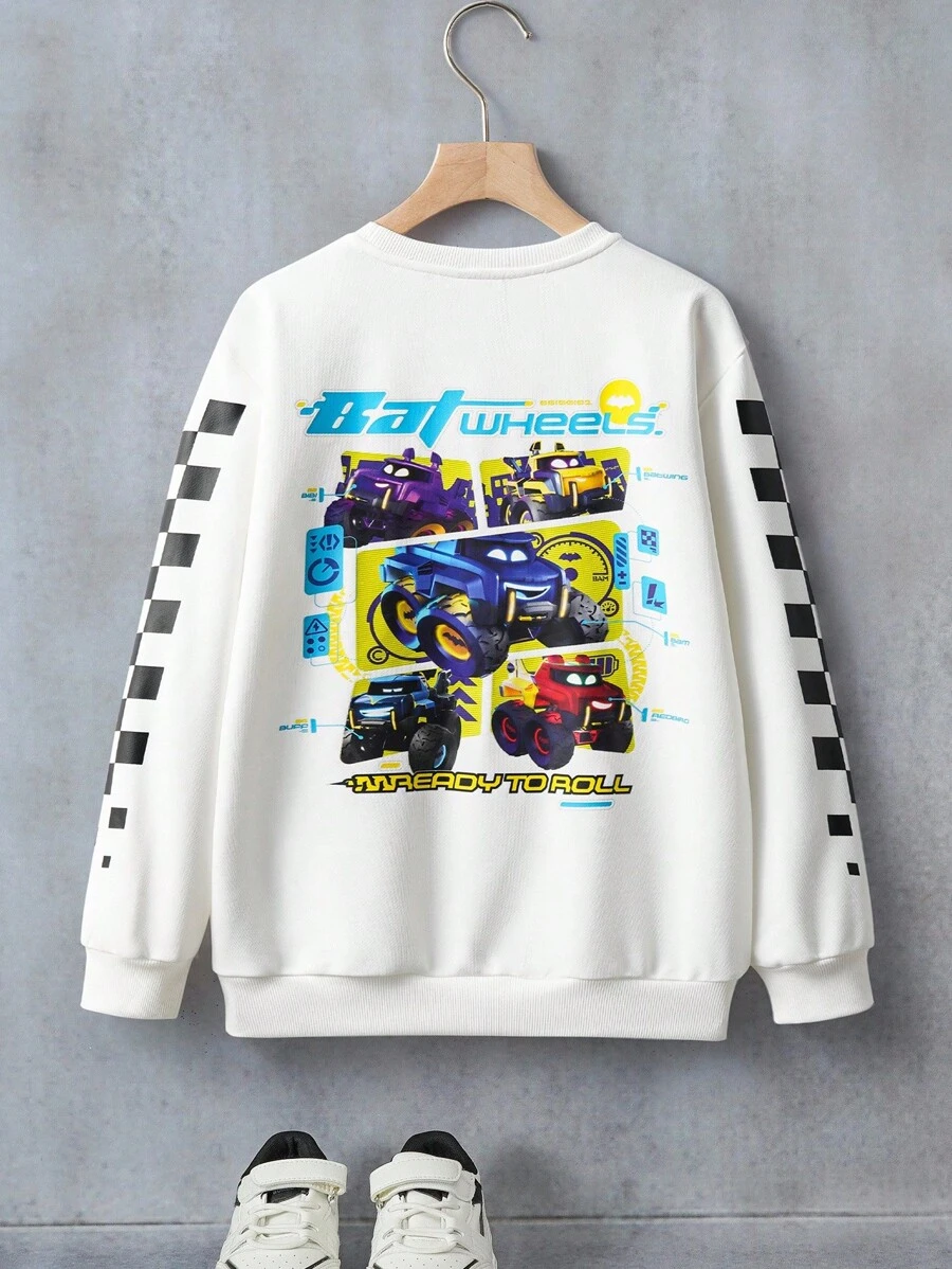 Batwheels X SHEIN Tween Boy Casual Street Style Cartoon Race Car & Letter Print Black White Checkerboard Pullover Sweatshirt , Spring/Autumn Race Car Clothes Boys Kids Race Car Sweatshirt