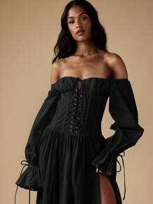 MISSGUIDED Váy maxi trễ vai kiểu corset có chi tiết tay áo buộc nơ lấy cảm hứng từ phong cách Victoria mùa thu đông kiểu Gothic váy dạ hội dài dự tiệc trang trọng cho dịp đặc biệt - màu đen - Xem 3