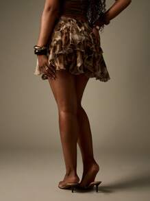 MISSGUIDED Leopard Print Mini Skirt Tiered Ruffle Layered Party Festival Club Night Summer Fall Party Flounce Evening Occasion Wear - Apricot - View 2