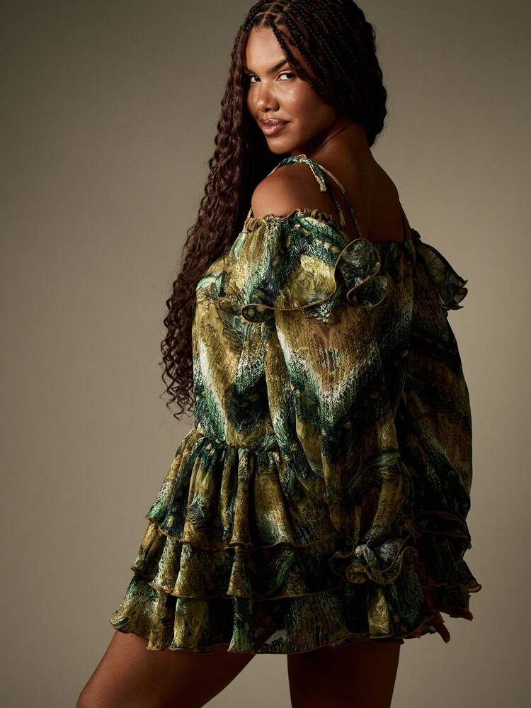 MISSGUIDED Off Shoulder Tie Strap Ruffled Mini Dress With Tiered Skirt Puff Sleeves Victorian Style Flounce Special Occasion Party Evening Garden Wedding Guest Summer Spring