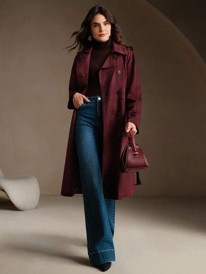 Anewsta Abrigo de trinchera para mujer de cintura ceñida, de doble botonadura, minimalista y clásico en color burdeos, chaqueta de otoño/invierno