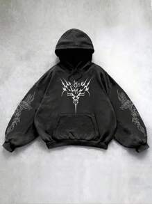 Attitoon Áo hoodie in họa tiết đồ họa tối giản, phong cách Punk Street cổ điển, rộng rãi, cỡ lớn dành cho nữ, mùa thu/đông - màu đen - Xem 5