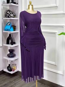 Modelyn Váy lưới xếp ly màu trơn thanh lịch cỡ lớn - Màu tím - Xem 5