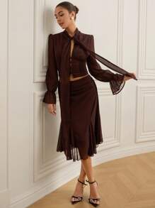 Aveloria Rosie 新款中国风镂空荷叶边长袖衬衫搭配透明领和丝带，夏季新款美式性感欧式优雅上衣+雪纺腰褶松紧腰直筒裙中长裙，适合音乐节、海滩度假、教师会所 - 棕色 - 查看 4