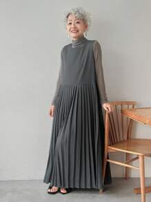 FRIFUL فستان كاجوال بياقة مستديرة وأكمام بلا أكمام، لون رمادي داكن، مزين بطيات في الذيل، مناسب للمكتب والأعمال الرسمية الكاجوال - رمادي غامق - مشاهدة 1