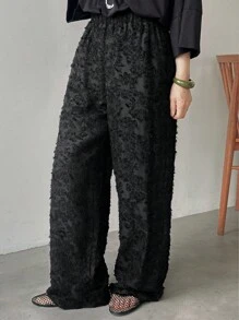 FRIFUL 女士黑色纯色弹性腰部纹理面料休闲直筒裤，适合商务休闲秋冬 - 黑色 - 查看 2