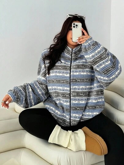 Solflare 大码女式条纹几何图案落肩长袖休闲夹克