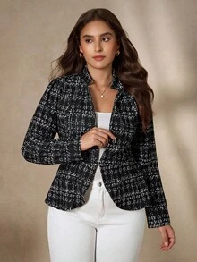 SHEIN Clasi 大码休闲通勤简约日常百搭时尚长袖西装外套女式西装外套女式西装外套短款西装外套女士西装外套粗花呢夹克女式秋装大码冬装女式商务休闲女式办公室服装女式工作服 - 黑與白 - 查看 2