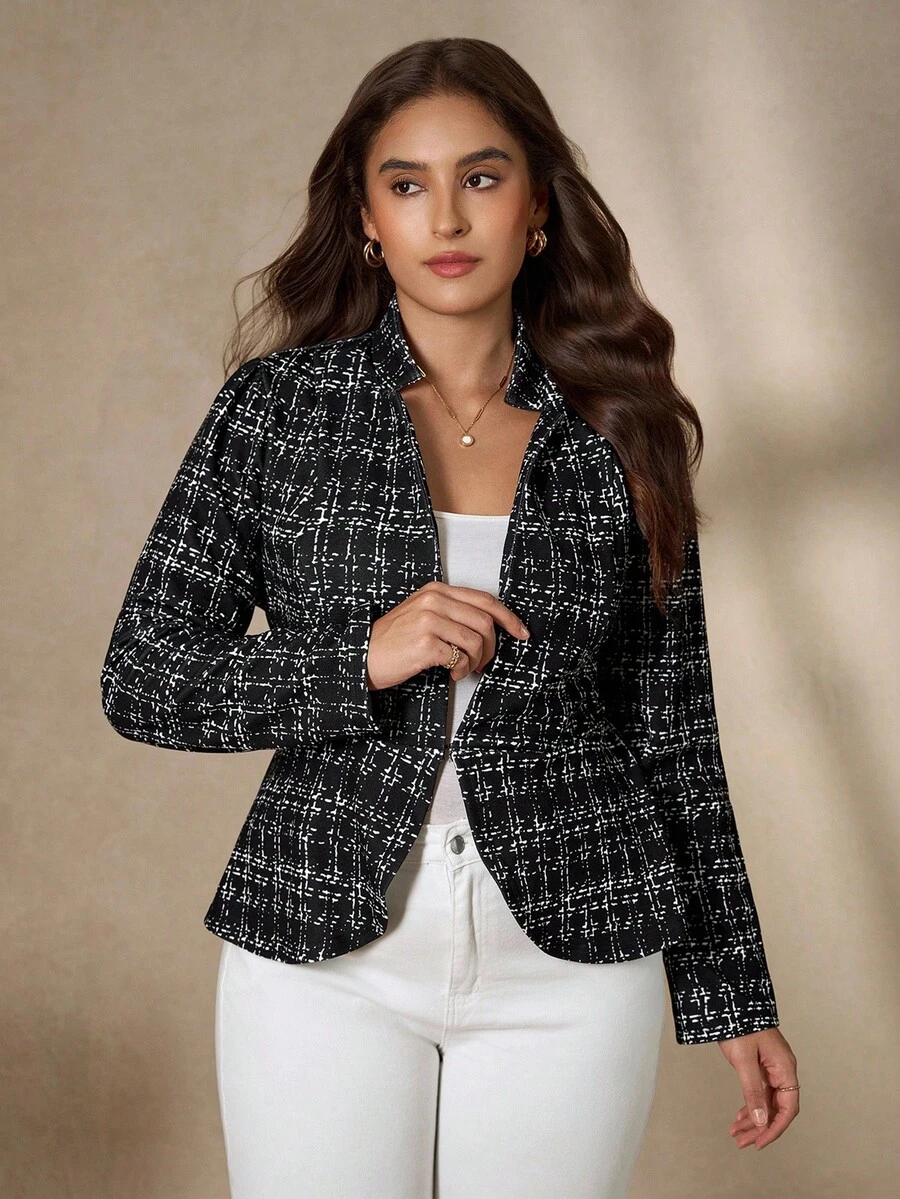 SHEIN Clasi 大码休闲通勤简约日常百搭时尚长袖西装外套女式西装外套女式西装外套短款西装外套女士西装外套粗花呢夹克女式秋装大码冬装女式商务休闲女式办公室服装女式工作服