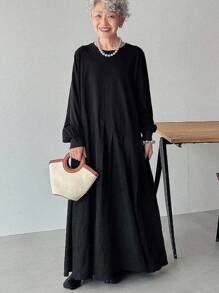 FRIFUL 女式黑色纯色拼布面料褶皱长裙长袖连衣裙、办公室连衣裙、商务休闲连衣裙 - 黑色 - 查看 8