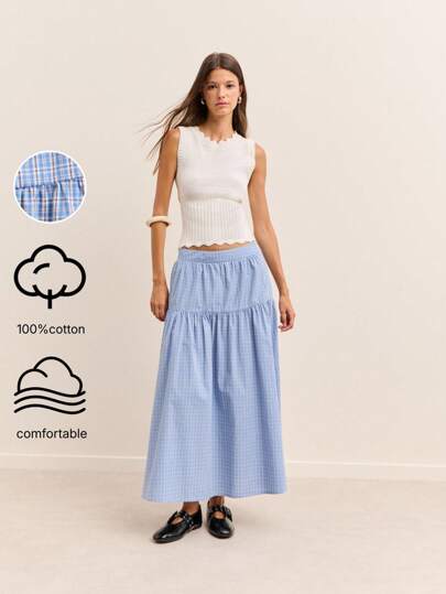 Nöista 女式松紧腰格子荷叶边下摆休闲迷你裙