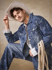 Manfinity Homme 2pcs Men Jacquard Denim Suit, Casual Loose Fit Jacket And Wide Leg Pants Set - Light Wash - View 4