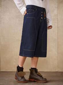 Manfinity Homme Men's Casual Loose Fit Multi-Pocket Wrinkle-Resistant Durable Dark Blue Denim Shorts, Streetwear Style, Spring/Summer - Dark Wash - View 5