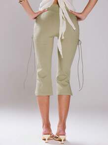 MUSERA Side Laced Up Capri Pants 90's Summer, Ibiza, Cute Winter Party - Brown - View 2
