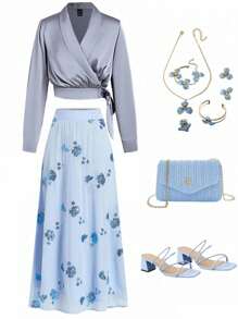 Ellevyn 女士优雅缎面系带裹身长袖衬衫，适合通勤、户外等多种场合，秋季新款返校女教师机场女装复古 - 藍色 - 查看 5