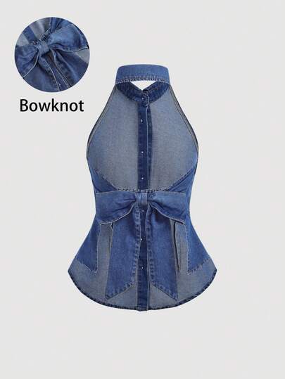 SHEIN Teen Girl Blue Summer Streetwear Holiday Elegant Vacation Beach Halter Neck Backless Denim Top,Stylish Bowknot Back,Suitable For Music Festival,Daily