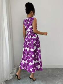 Rafferiza 女士花卉印花圆领无袖优雅中长连衣裙