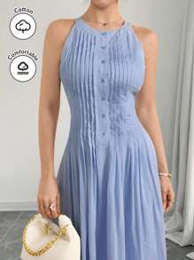 Modelyn 女士天蓝色褶皱棉质中长连衣裙，夏季 - 粉色 - 查看 1