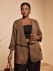 Slaydiva 2025 Nuevo Blazer informal de otoño/invierno para mujer de talla grande, corte holgado, tacto de terciopelo, cuello de solapa, manga 3/4, bolsillos, adecuado para negocios, casual, oficina, calle, vacaciones, graduación, fiesta, Día de la Independencia - Caqui - Ver 5