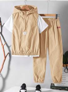 Buy 2 Get 1 Free, 3pcs/Set Tween Boy Casual Hoodie Vest And Elastic Waist Pants Set With Bonus T-Shirt, Comfortable, Versatile, Suitable For Autumn, Spring, Summer, Daily Wear, Outdoor, School, Street, Party, And Leisure, Boys Beige Outfits, Boys Casual Pants Suit Outfit, Boy Sleeveless Sets
