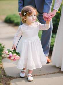 优雅可爱的白色花朵蕾丝长袖连衣裙 - 白色 - 查看 1