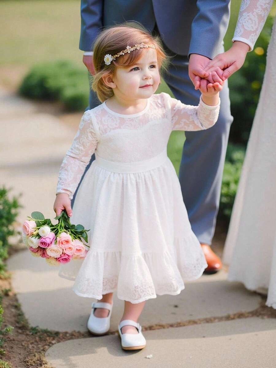 优雅可爱的白色花朵蕾丝长袖连衣裙 - 白色 - 查看 1