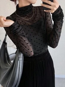 FRIFUL Women's Thin Transparent Turtleneck Polka Dot Flocked Fitted Solid Color Casual Autumn Wear Top Long Sleeve Women Tops,Fall Women Clothes