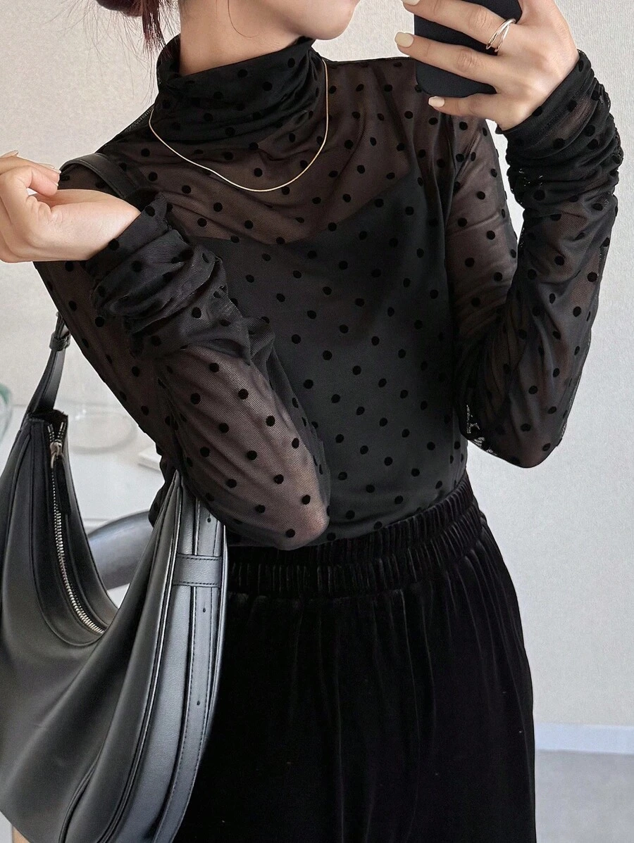 FRIFUL Women's Thin Transparent Turtleneck Polka Dot Flocked Fitted Solid Color Casual Autumn Wear Top Long Sleeve Women Tops,Fall Women Clothes