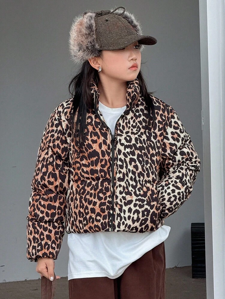 Tween Girl Casual Fashionable Street Style Leopard Print Padded Coat, Winter